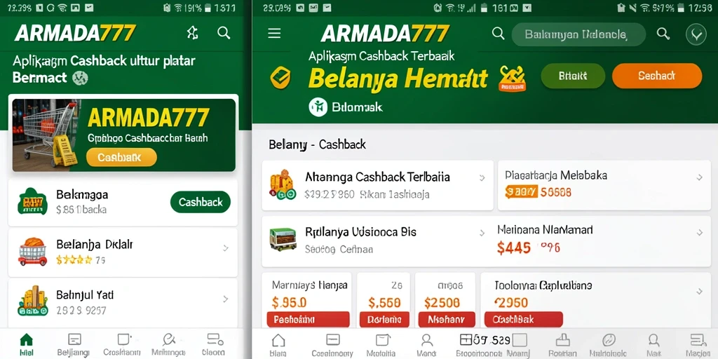 Antarmuka aplikasi ARMADA777 yang menampilkan program cashback menarik.