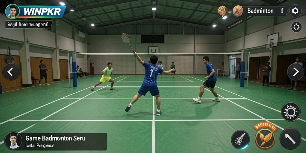 Tampilan utama WINPKR menampilkan aksi badminton yang mendebarkan.